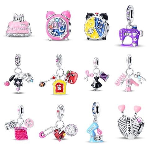 Silver Plated Copper Lifestyle Theme DIY Charms Enamel Life Element Pendants For Bracelet Jewelry Making Sewing Machine Alarm Clock Accessories