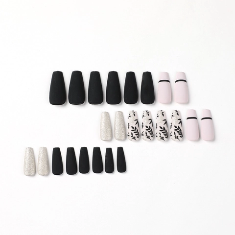 Uñas Postizas Largas Coffin Mate Negro Brillo Pan De Oro Patrón De Hojas Ballerina Decoración De Dedos