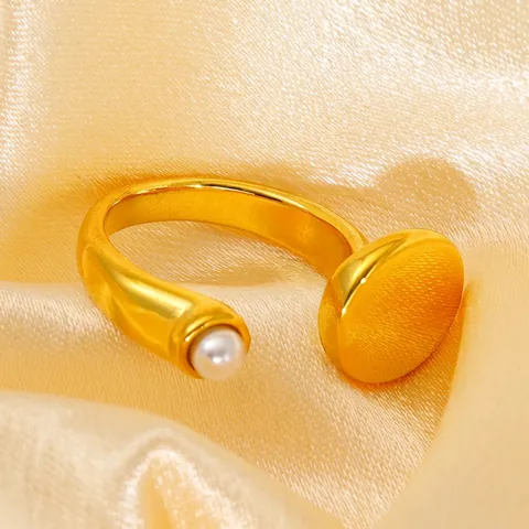 Geometric Open Ring 18K Gold Plated Stainless Steel Faux Artificial Pearl Adjustable Finger Jewelry Minimalist Fashion Women