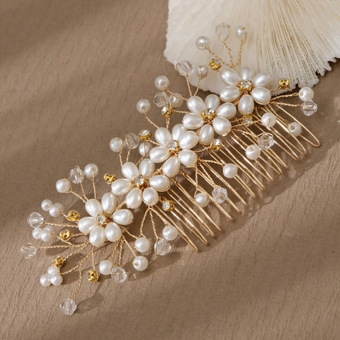 Peine De Pelo Novia Hecho A Mano Cristal Imitación Perla Artificial Diamante De Imitación Diseño Flor Hoja Para Accesorios Banquete Boda Mujeres