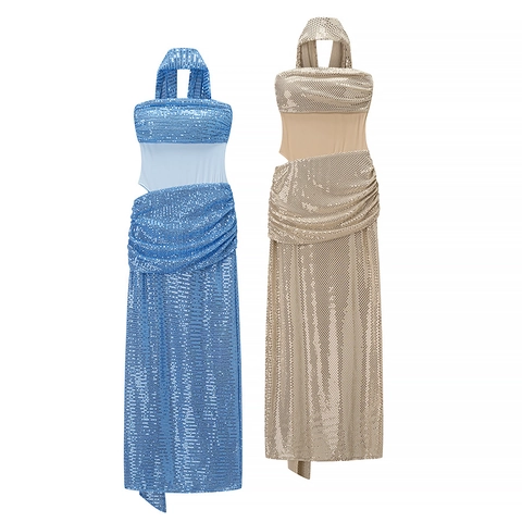 Pailletten Neckholder Abendkleid Ärmellos Hollow Out Taille Streamer Bankett Elegant Slim Fit Maxi Länge Polyester