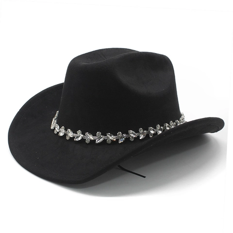 Vintage Western Cowboy Hat With Rhinestone Band Wide Brim Faux Suede Ethnic Style Jazz Fedora For Men Women