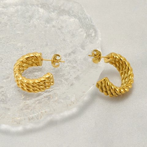 Boucles D'Oreilles Créoles En C En Acier Inoxydable Plaqué Or 18K Pour Femmes Texture Tissée Torsadée Rétro Bijoux Minimalistes