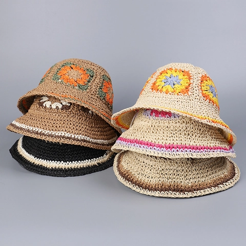 Handmade Crochet Paper Straw Bucket Hat Foldable Flower Pattern Wide Brim Summer Beach Sun Hat For Women Bohemian Style