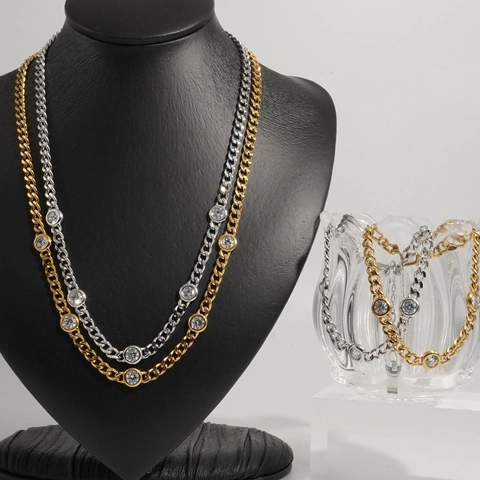 Gioielli In Acciaio Inossidabile Collana E Bracciale A Catena Cubana Con Zircone Rotondo Hip Hop Trendy Per Donne