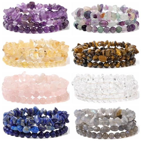 Natural Gemstone Bracelet Beaded And Chip Stone Layered Elastic Handmade Healing Energy Jewelry Unisex