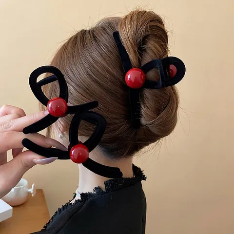 Molletta Per Capelli Vintage Velluto Floccato Con Perla Rossa Grande Fermaglio Squalo Elegante Per Donna Accessori
