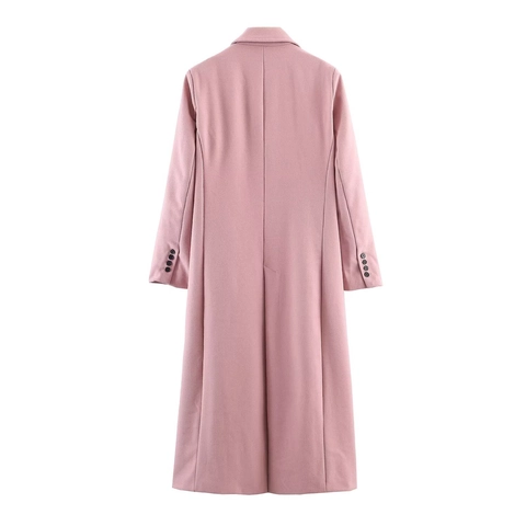 Women Long Overcoat Pink Woolen Look Polyester Single Button Lapel Collar Fashion Casual Outerwear Trench Coat