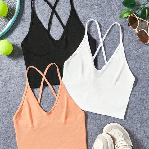 Ribbed Knit Yoga Tank Top V Neck Criss Cross Back Sports Crop Camisole Nylon Breathable For Women