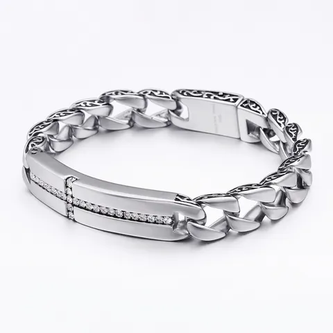 Pulsera De Cadena Cubana Para Hombre Acero Inoxidable 316L Cruz Diamantes De Imitación Grabado Retro