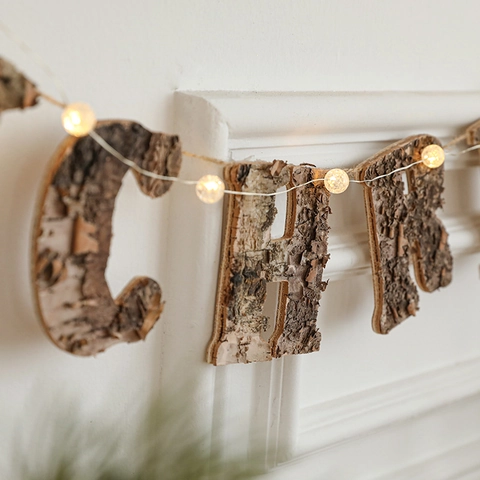 Rustic Natural Wood Christmas Tree Ornaments Bark Letter Banner Hanging Garland Nordic Log Festive Home Party Wall Decorations