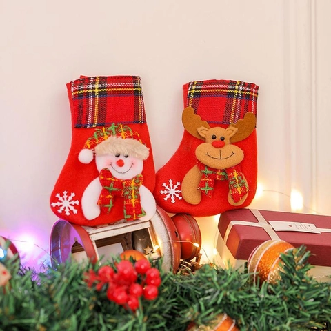 Mini Christmas Stockings Candy Gift Bags Cloth Felt Plaid Hanging Ornaments Santa Snowman Reindeer Bear Festive Tree Decor