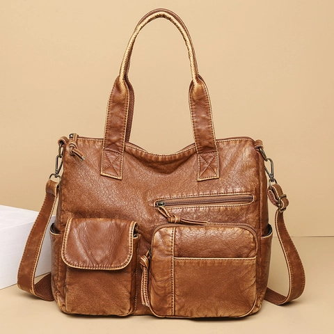 Vintage Shoulder Bag Women Large Capacity PU Leather Multi Pocket Retro Handbag Crossbody Commuter Casual Tote With Strap