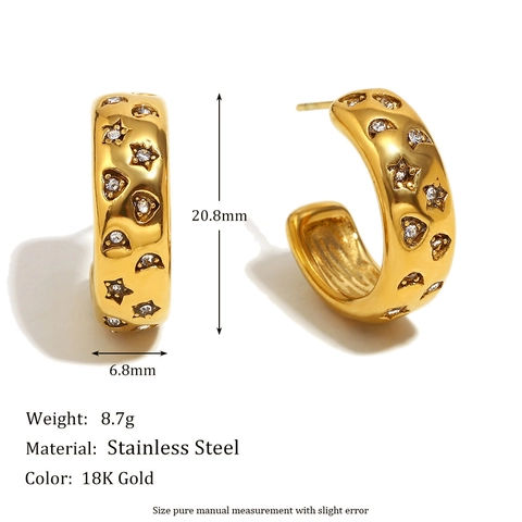 Geometric C Shaped Hoop Earrings Stainless Steel 18K Gold Plated Zircon Inlaid Star Moon Hollow For Women