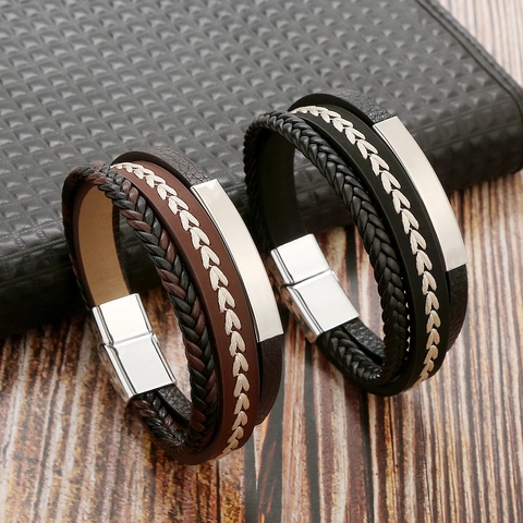 Multi Layer Braided Leather Bracelet For Men Stainless Steel Magnetic Clasp Minimalist Hand-Woven Jewelry Accessory