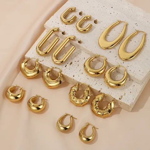 Chunky Hoop Ohrringe 18K Vergoldet Edelstahl Geometrisch Hohl U Form Bambus Textur Minimalismus Für Frauen