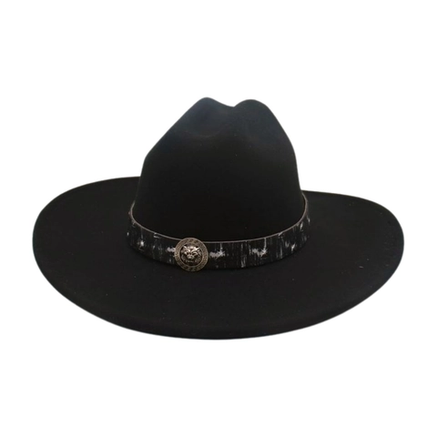 Vintage Western Cowboy Hat Wide Brim Felt Fedora With Lion Head Metal Buckle Ethnic Style Jazz Cap For Men Women
