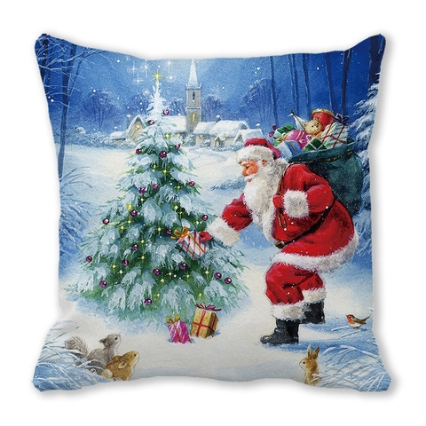 Christmas Decorative Peach Skin Polyester Pillowcase Santa Claus Reindeer Snowman Pattern Square Sofa Throw Cushion Cover