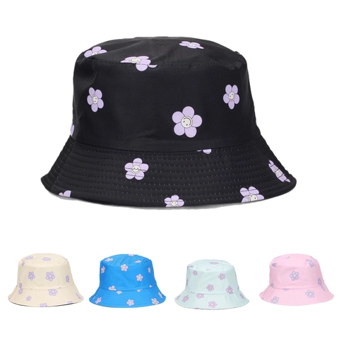 Cappello Alla Pescatora Con Stampa Di Fiori E Faccina Sorridente Traspirante Protezione Solare Outdoor Casual Streetwear
