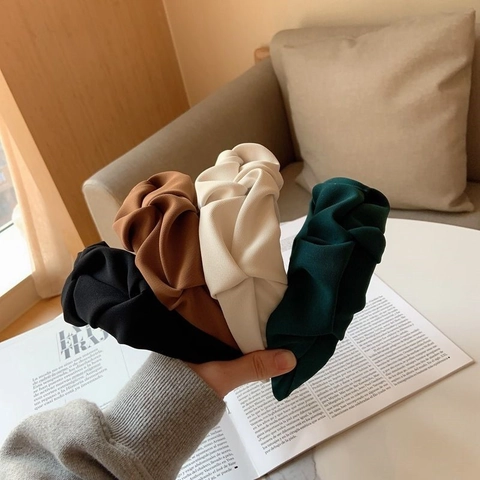 Diadema Ancha Plisada con Nudo para Mujer Tela Hecha a Mano Tocado Elegante Color Sólido Accesorio de Moda Diario para el Cabello