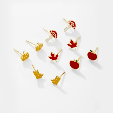 Cute Autumn Enamel Stud Earrings With 925 Sterling Silver Earring Post Pumpkin Apple Mushroom Maple Leaf Gold Plated Jewelry Women