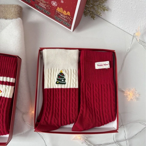 Calze Natalizie Misto Cotone Ricamato Babbo Natale Albero Campana Metà Polpaccio Rosso Bianco Contrasto Festivo Donne