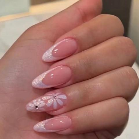 Press On Nagels Amandelvorm Roze Jelly French Glitter Punten Witte Madeliefje Strass Kunstnagels Voor Vrouwen