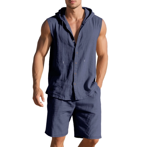 Uomo Casual Lino Sopra E Sotto Con Cappuccio Senza Maniche Camicia Coulisse Pantaloncini Traspirante Tessuto Tinta Unita Vacanze Estive Mare