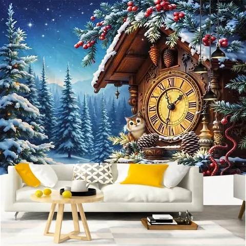 Christmas Tapestry Wall Hanging Polyester Backdrop Winter Snow Scene Cuckoo Clock Village Landscape Holiday Decor