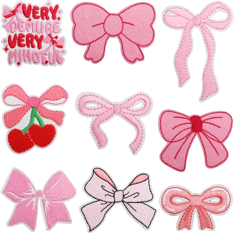 Pink Bow Cherry Embroidery Patches Iron On Sew On Polyester Fabric DIY Clothes Bag Decoration Aesthetic Trendy Slogan