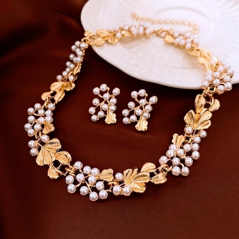 Set Gioielli Vintage Ginkgo Foglia Fiore Collana Orecchini Oro Lega Imitazione Perla Artificial Con Perno Argento Elegante Accessorio Donna