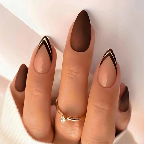 Elegant Long Almond Press On Nails Brown Matte French V-Line Gold Glitter Plastic False Nails For Women