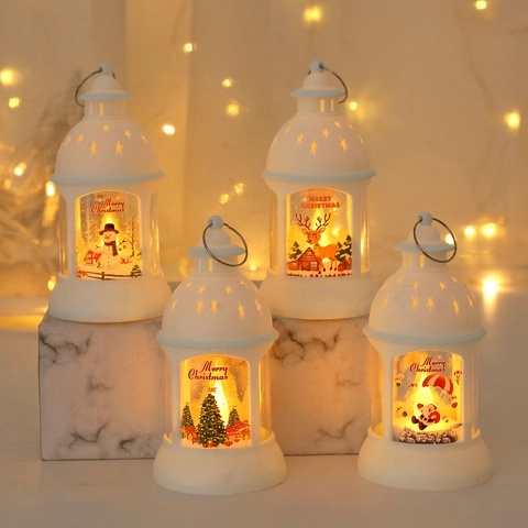 Christmas LED Lantern Decorative Night Light Tabletop Ornament Hanging Wind Lamp Festive Plastic Holiday Home Decor White