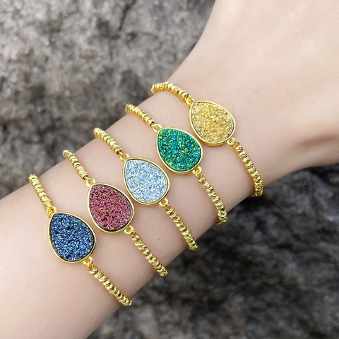 Adjustable Bolo Bracelet For Women 18K Gold Plated Copper With Teardrop Druzy Stone Box Chain Elegant Fashion Jewelry