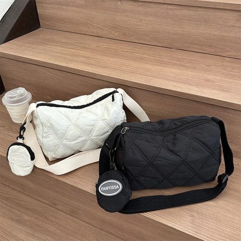 Quilted Oxford Cloth Crossbody Bag With Round Coin Purse Cylinder Shoulder Bag Fashion Korean Style For Women