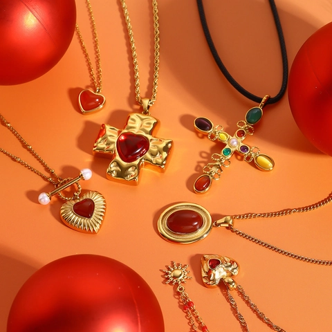 Vintage Stainless Steel Gold Plated Heart Cross Pendant Necklace Red Enamel Layered Bohemian Jewelry For Women