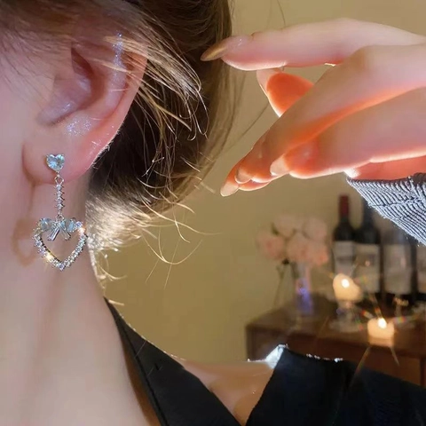 Heart Bowknot Dangle Earrings With Zircon Blue Gemstone And Silver Earring Post Elegant Luxury Jewelry For Women