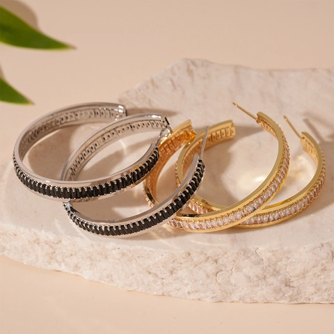 Pendientes De Aro En Forma De C Geométricos Lujo Minimalista Circón Baguette Cobre Con Silver Earring Post Para Mujeres