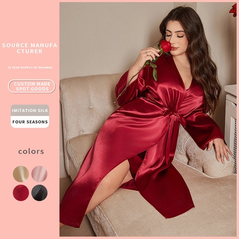 Dames Satijnen Badjas Grote Maten Imitatie Satijn V-Hals Lange Mouwen Elegant Nachtkleding Loungewear