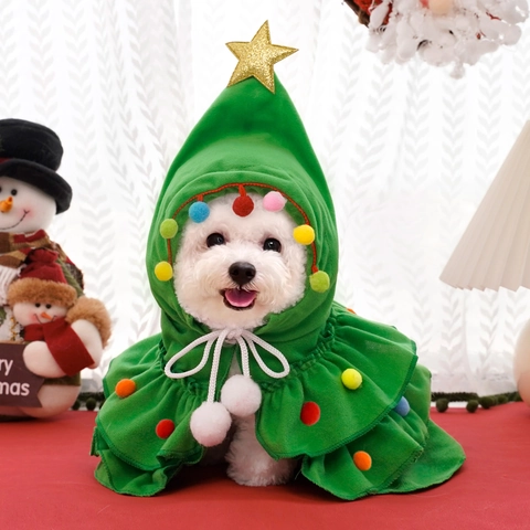 Mantello Di Natale Per Animali Cane Gatto Costume Albero Peluche Mantella Con Cappuccio Pon Pon Colorati Stella Dorata Vestito Da Festa