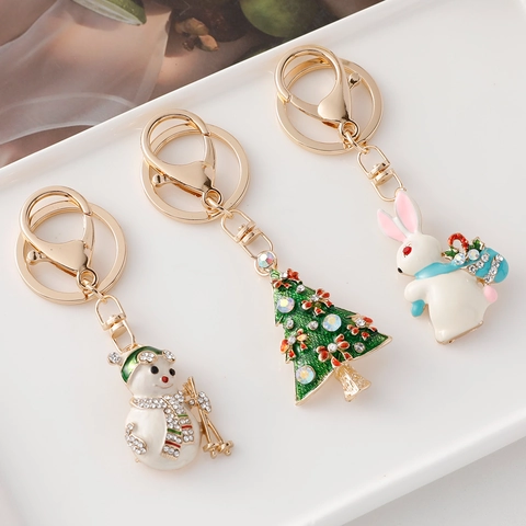 Porte-Clés De Noël Alliage Émail Strass Arbre Bonhomme De Neige Lapin Pendentif De Sac Décoratif Cadeau