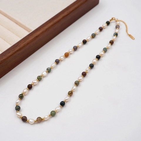 Dopamine Colorful Stone Freshwater Pearl Necklace Handmade Stainless Steel Beaded Choker For Women Adjustable Jewelry Gift