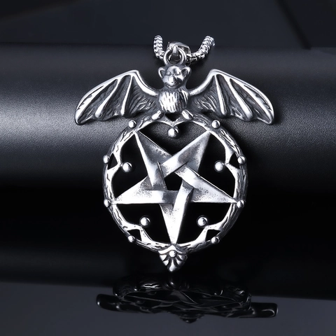 Collar Colgante De Pentagrama Y Murciélago Gótico De Acero Inoxidable Estilo Vikingo Vintage Joyería De Plata Pulida