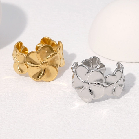 Flower Ring Stainless Steel 18K Gold Plated Adjustable Opening Floral Minimalist Jewelry For Women
