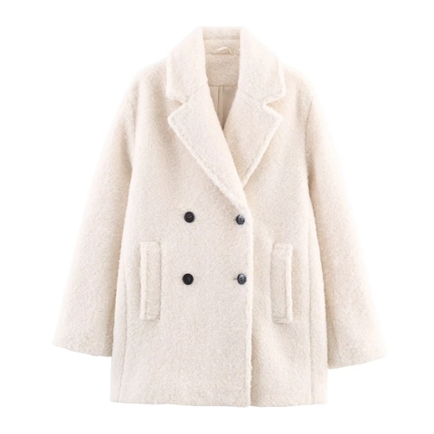Women Double-Breasted Textured Woolen Coat Lapel Mid-Length Warm Casual Fashion Jacket Elegant Outerwear Solid Color