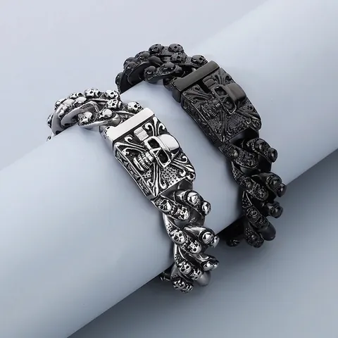 Punk Skull Bracelet For Men 316L Stainless Steel Heavy Link Chain Gothic Rock Vintage Jewelry Accessories