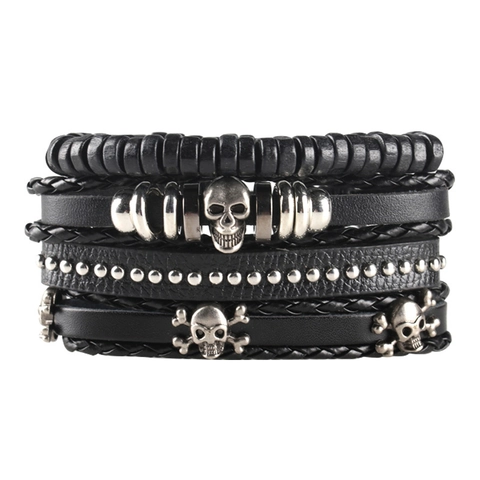Punk Herren Schwarz Geflochten Leder Mehrlagig Armband Totenkopf Legierung Nieten Verstellbar Retro Rock Schmuck Geschenk