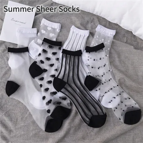 Damen Transparente Mesh Socken Ultra Dünne Glass Satin Atmungsaktiv Herz Punkt Streifen Muster Mode Sommer Socken