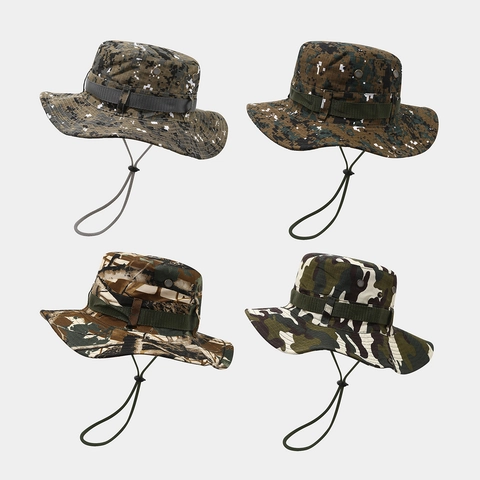 Camouflage Boonie Hat Wide Brim Sun Protection Adjustable Chin Strap Outdoor Hiking Fishing Tactical Polyester Cotton