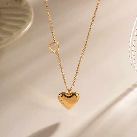 18K Gold Plated Stainless Steel Double Heart Pendant Necklace For Women Elegant French Style Fashion Heart Neck Jewelry Gift